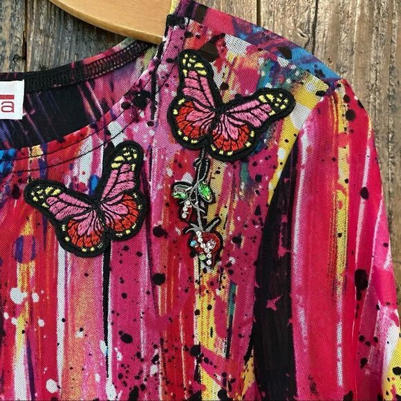 Mishca Sz S Fuschia Pink Paint Spattered Mesh Stretch Contemporary Swim Cover - Picture 4 of 8